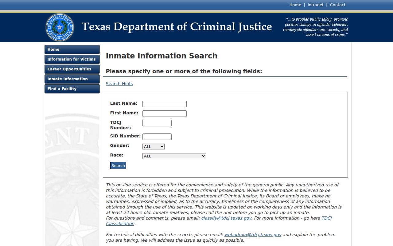TDCJ inmate search after a Ward County arrest and transfer