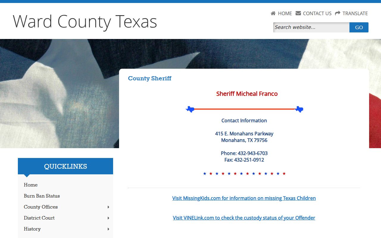 Ward County arrest lookup contact on the Sheriff page