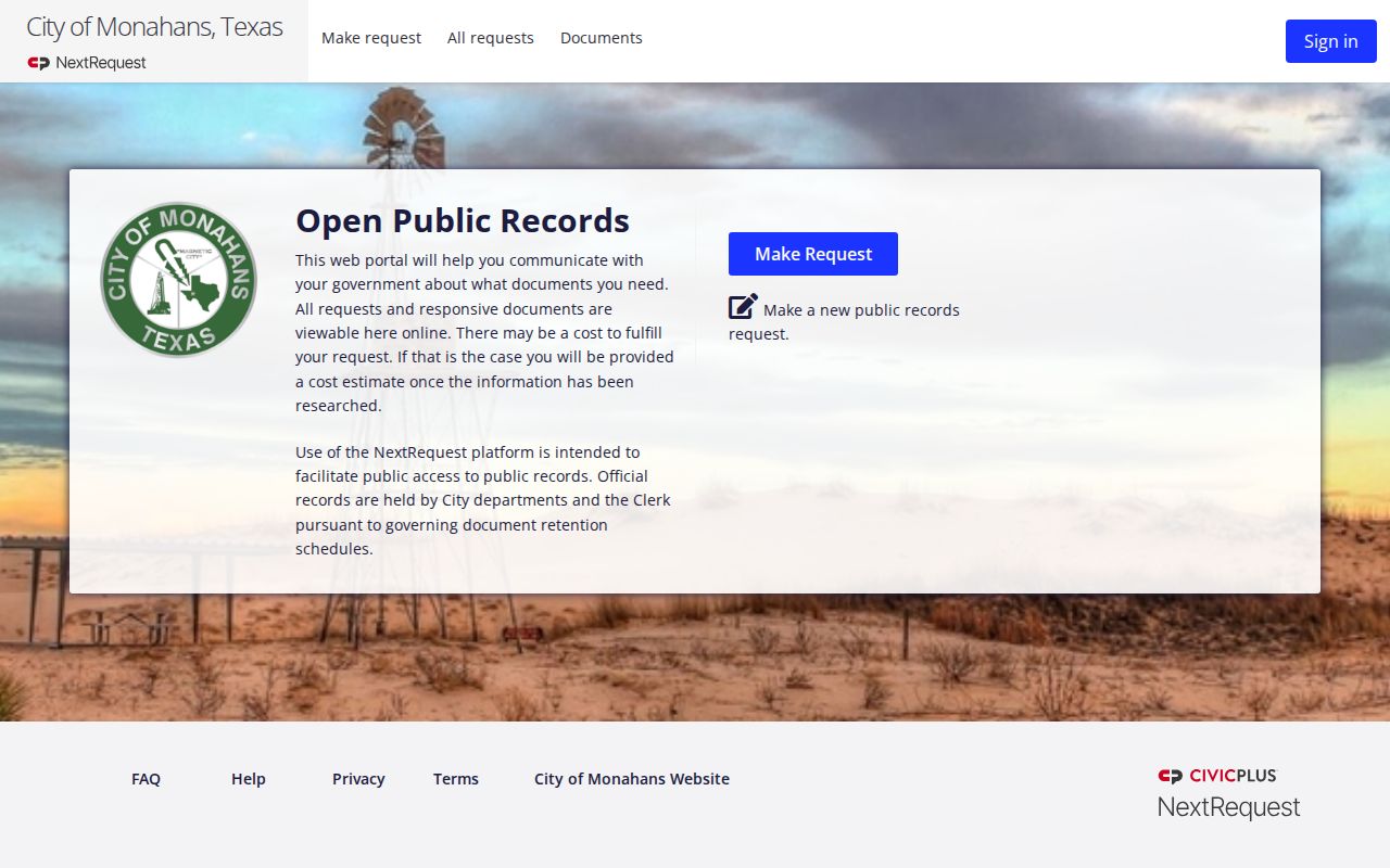 Monahans criminal records public information request portal
