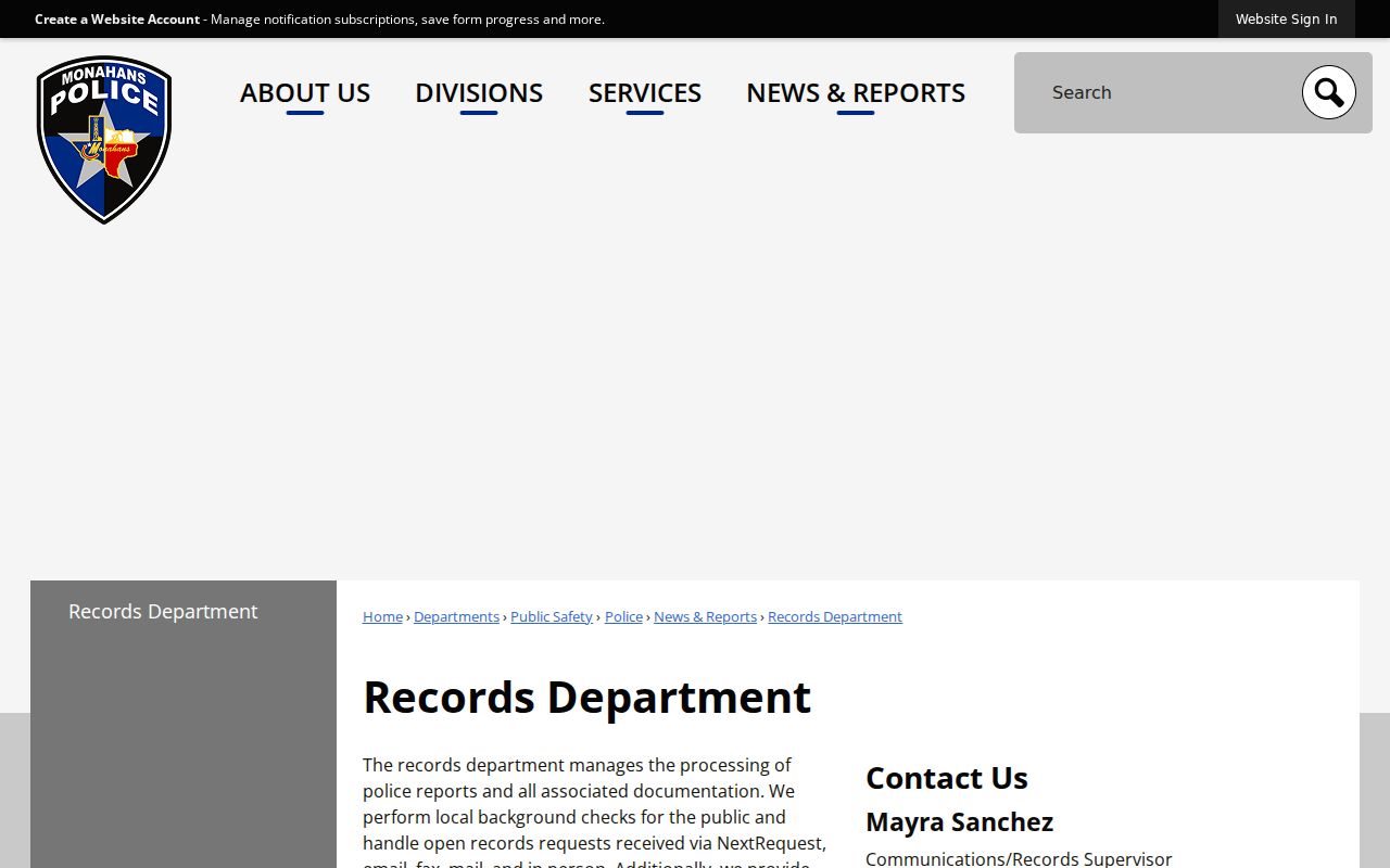 Monahans criminal records request channels at the Police Department