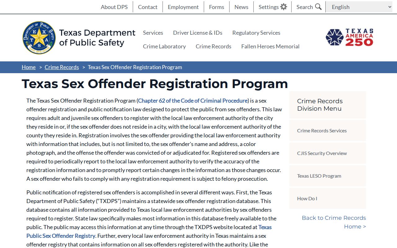 Ward County sex offender registration requirements on the Texas DPS program page