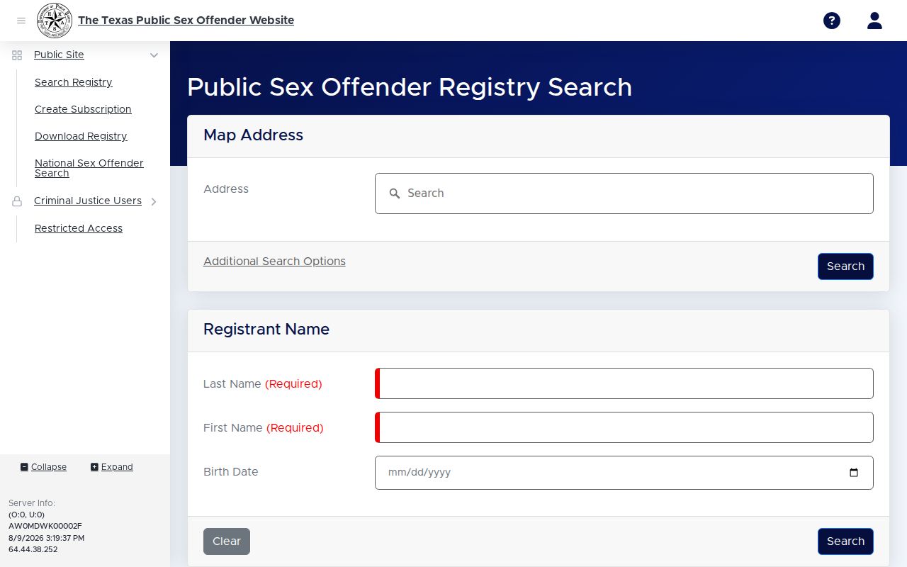 Ward County sex offender registry search form from Texas DPS